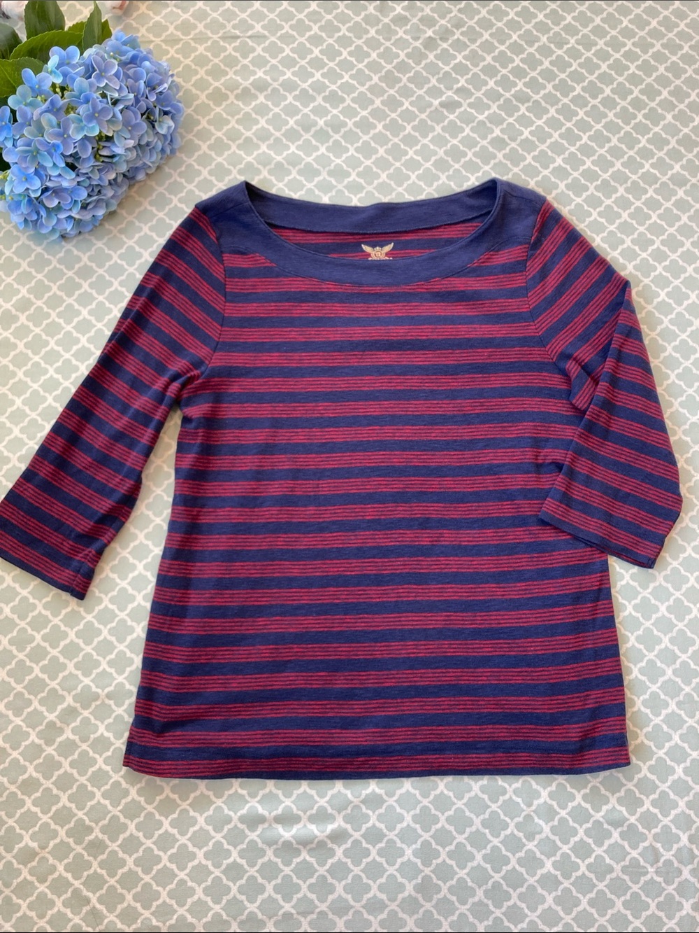 Faded Glory Red Blue Stripe Boatneck 3/4 Sleeve Tee XXL